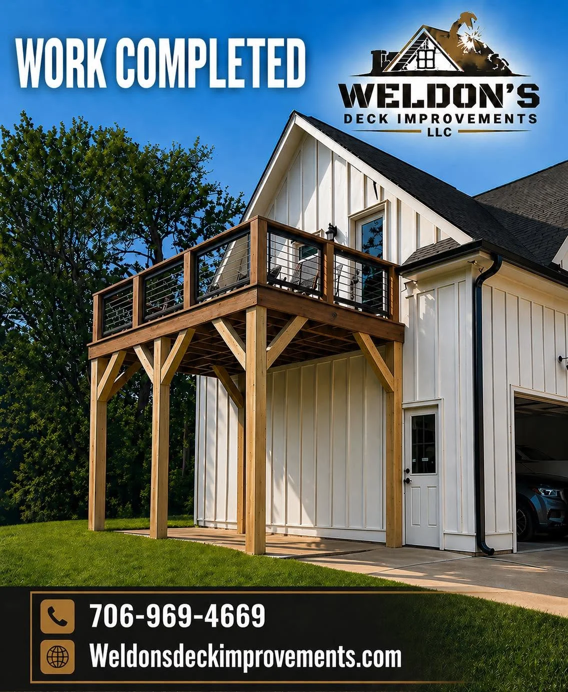 Elevated wooden deck with cable railing, timber posts, and knee braces attached to modern home
