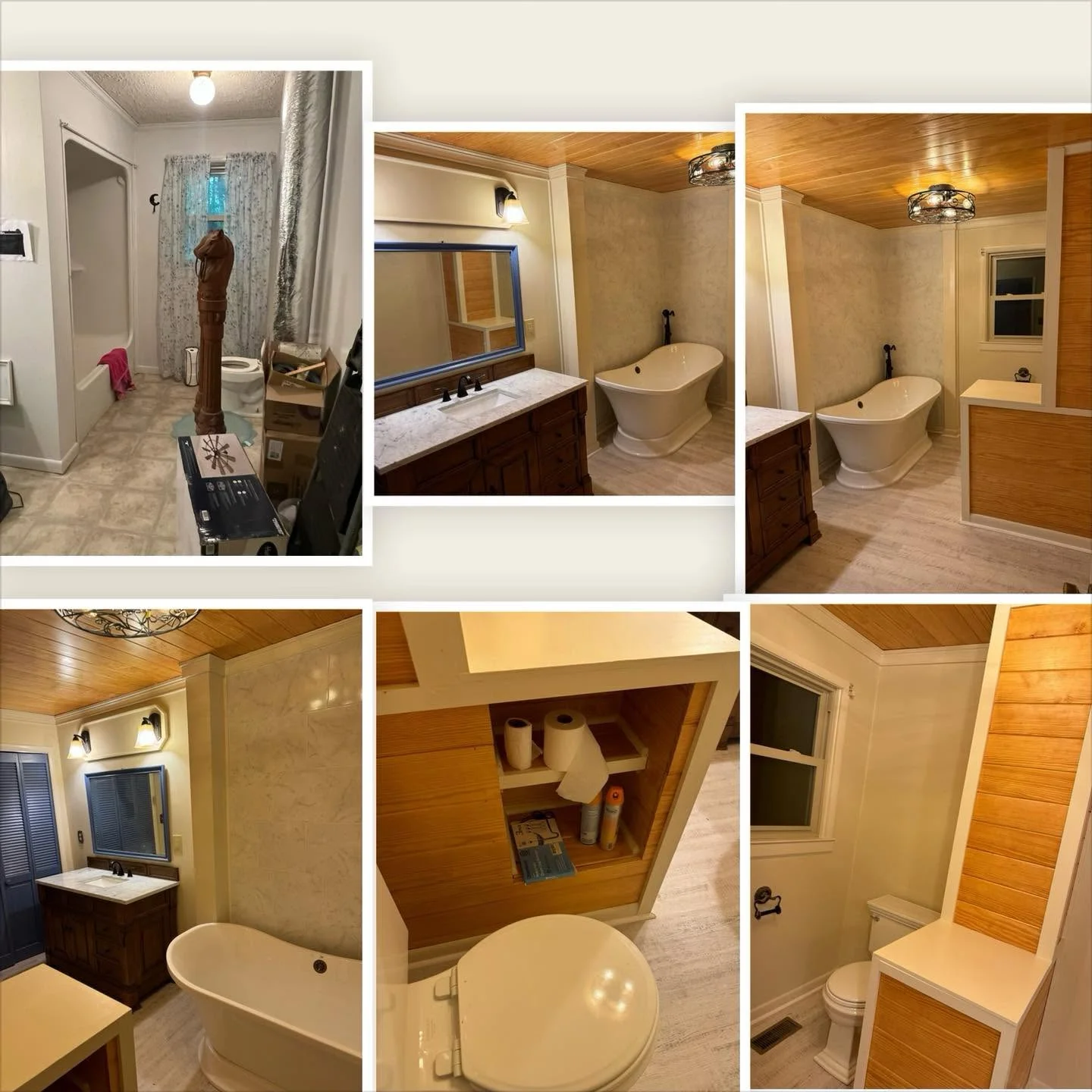 Master bathroom with freestanding tub, wood ceiling, marble counters, and dark wood vanity