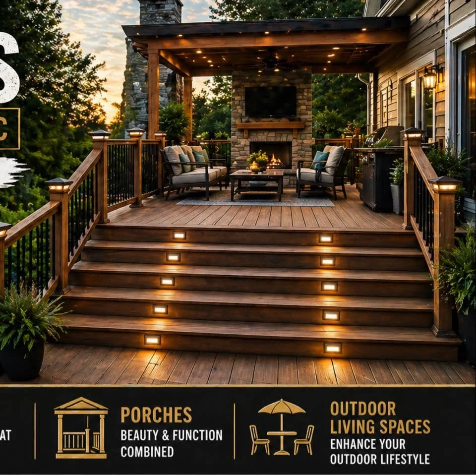 Multi-level composite deck with step lights, pergola, fireplace, and metal railings
