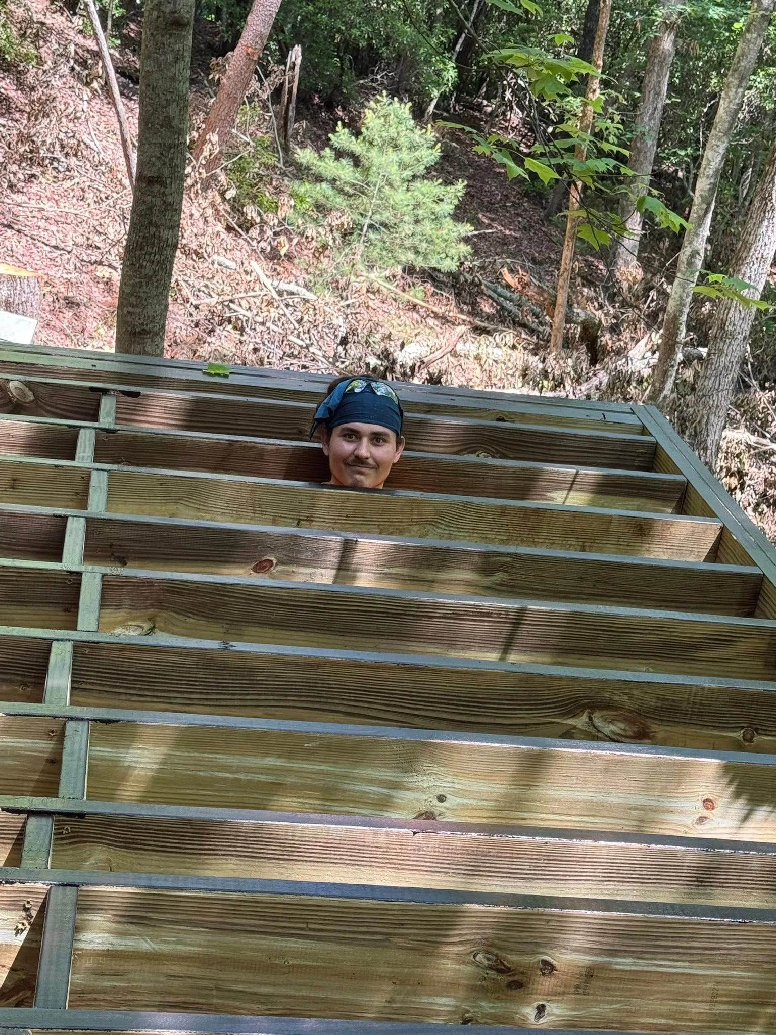 Pressure-treated deck frame with joists and cross-bracing in forest setting