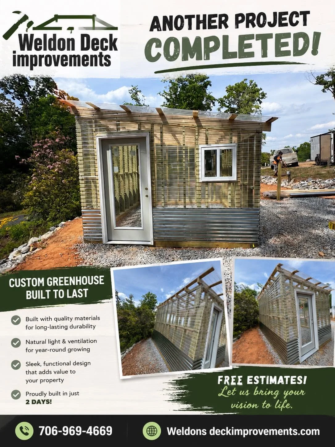 Custom greenhouse with metal siding, pergola roof, white door and windows on gravel base