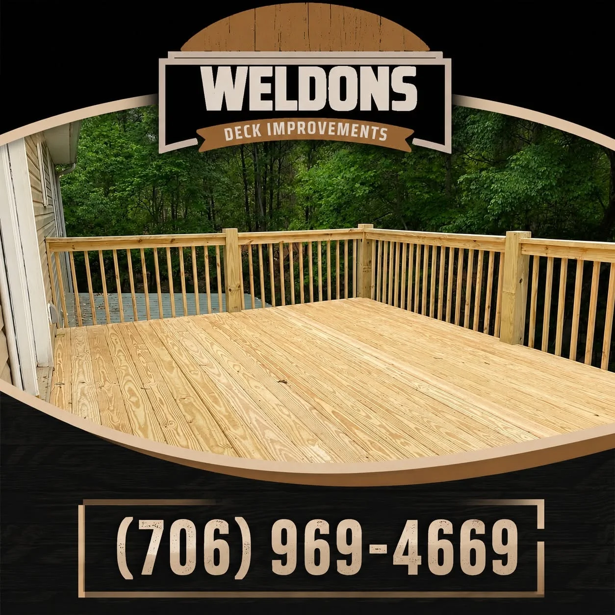Newly built pressure-treated wood deck with spindle railings and 4x4 posts