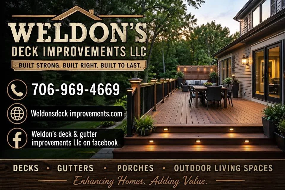Multi-level composite deck with black railings, step lighting, and dining area