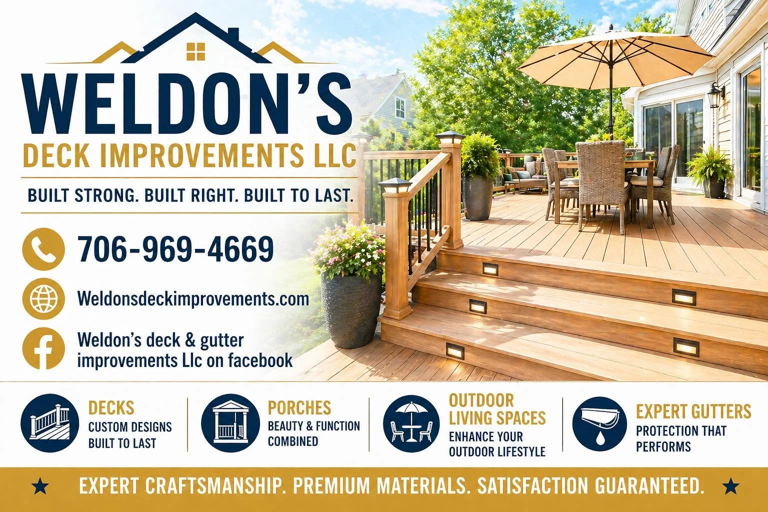 Multi-level composite deck with step lighting, wooden railings, and integrated outdoor seating area