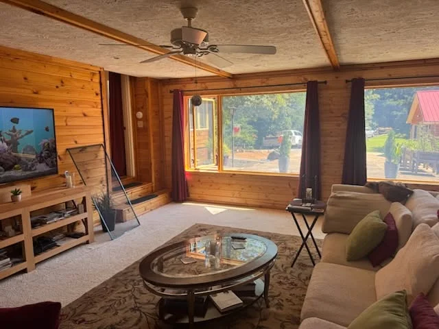 Log cabin interior with wood paneling, large windows, built-in cabinetry, and ceiling fan