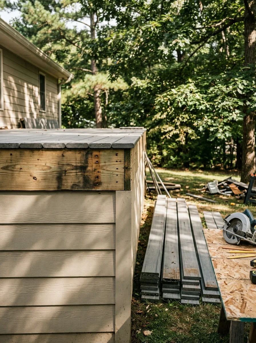 Deck framing repair in progress on a shaded Clarkesville, GA property, showing replacement of a rotted ledger board before composite decking installation.