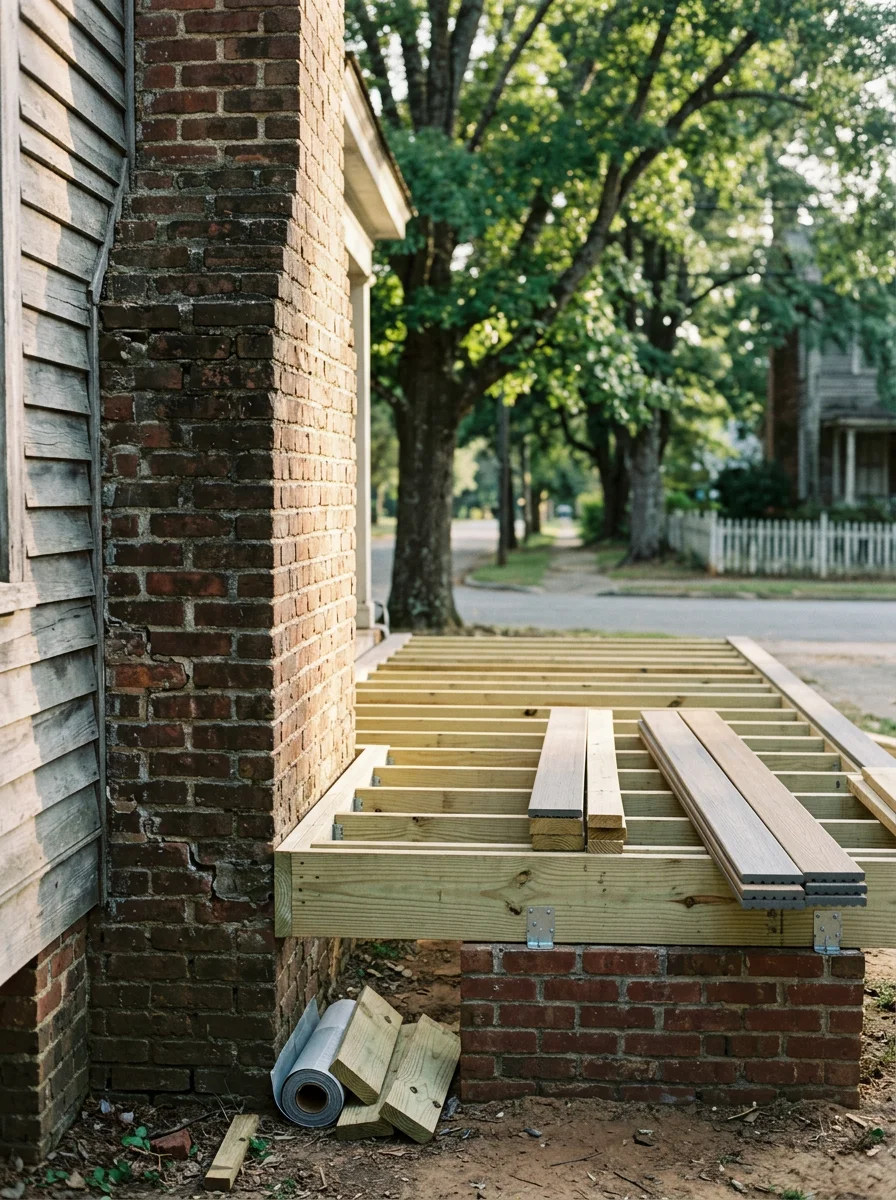 Deck post base replacement on a historic-era home along Railroad Street in Clermont, GA, showing new pressure-treated framing before composite decking installation.