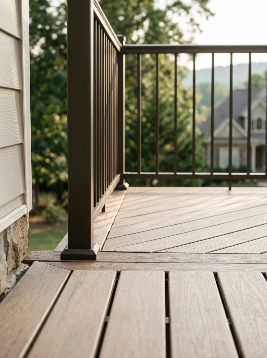 Close-up of composite deck boards and railing on a White County home, showing tight board-to-board spacing and clean post bases above grade.