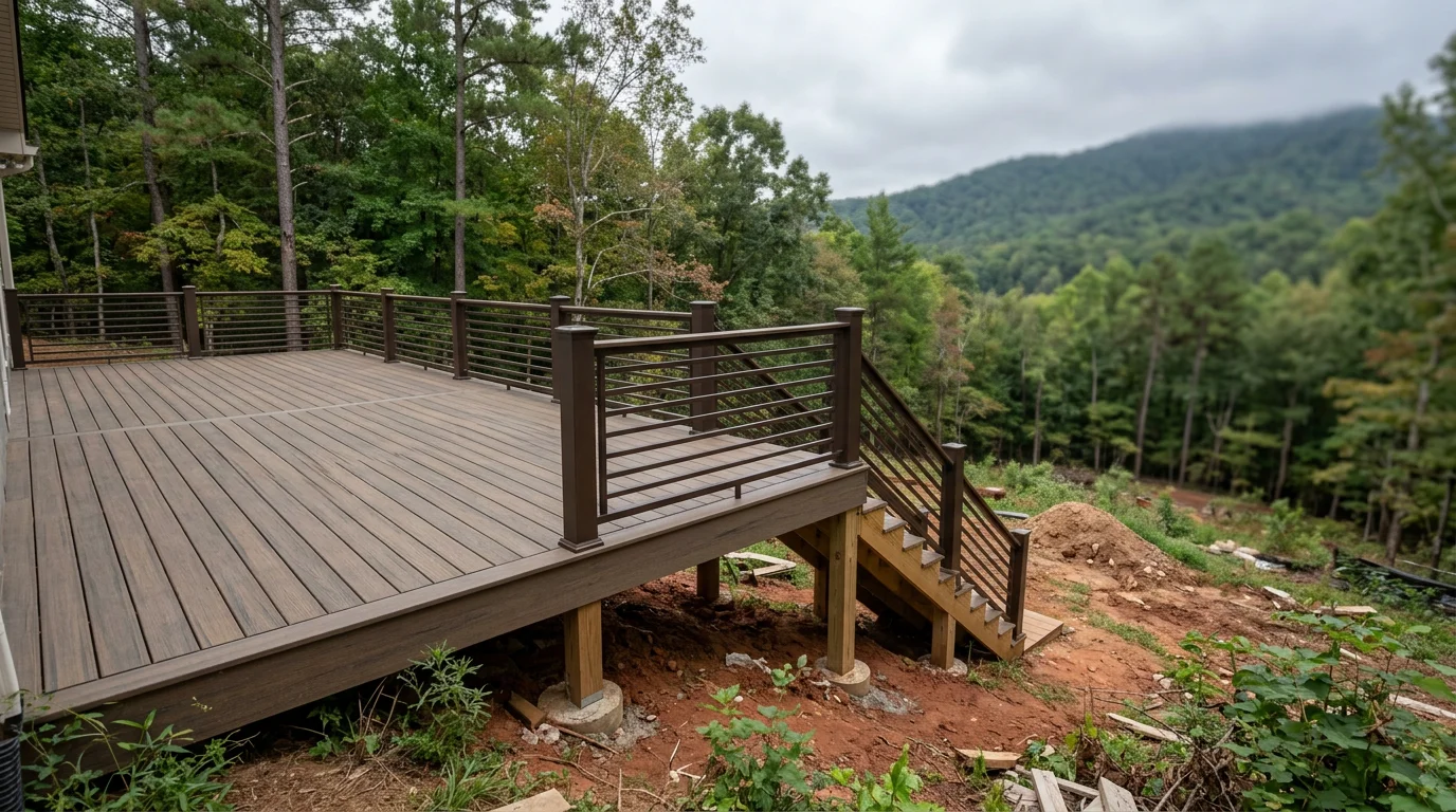 A newly built composite deck on a sloped residential lot in Cleveland, Georgia, with Yonah Mountain visible in the background.