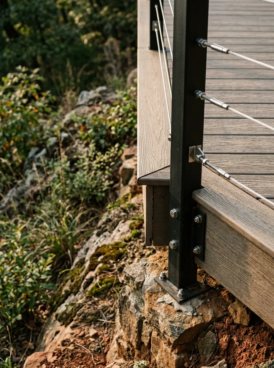 Detail view of composite deck boards and cable railing on an elevated Dahlonega property, showing the tall post run above a sloped, rocky yard.