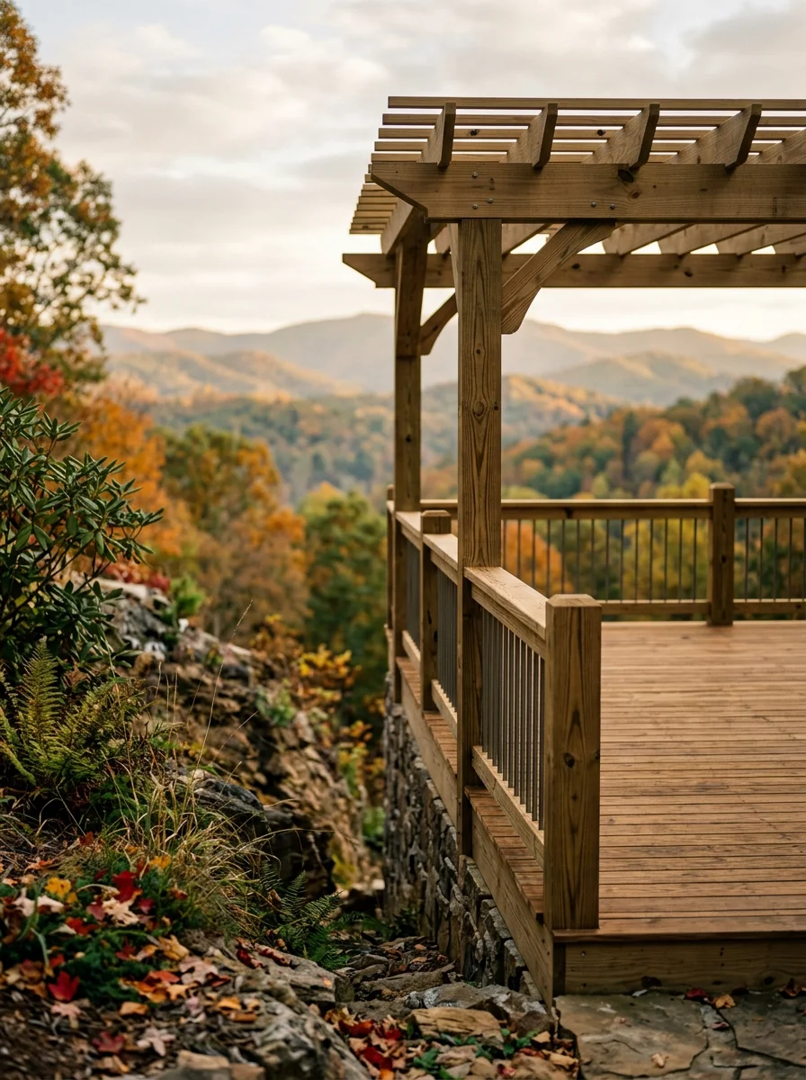 Pressure-treated deck with pergola on sloped residential lot in Dawsonville mountain community
