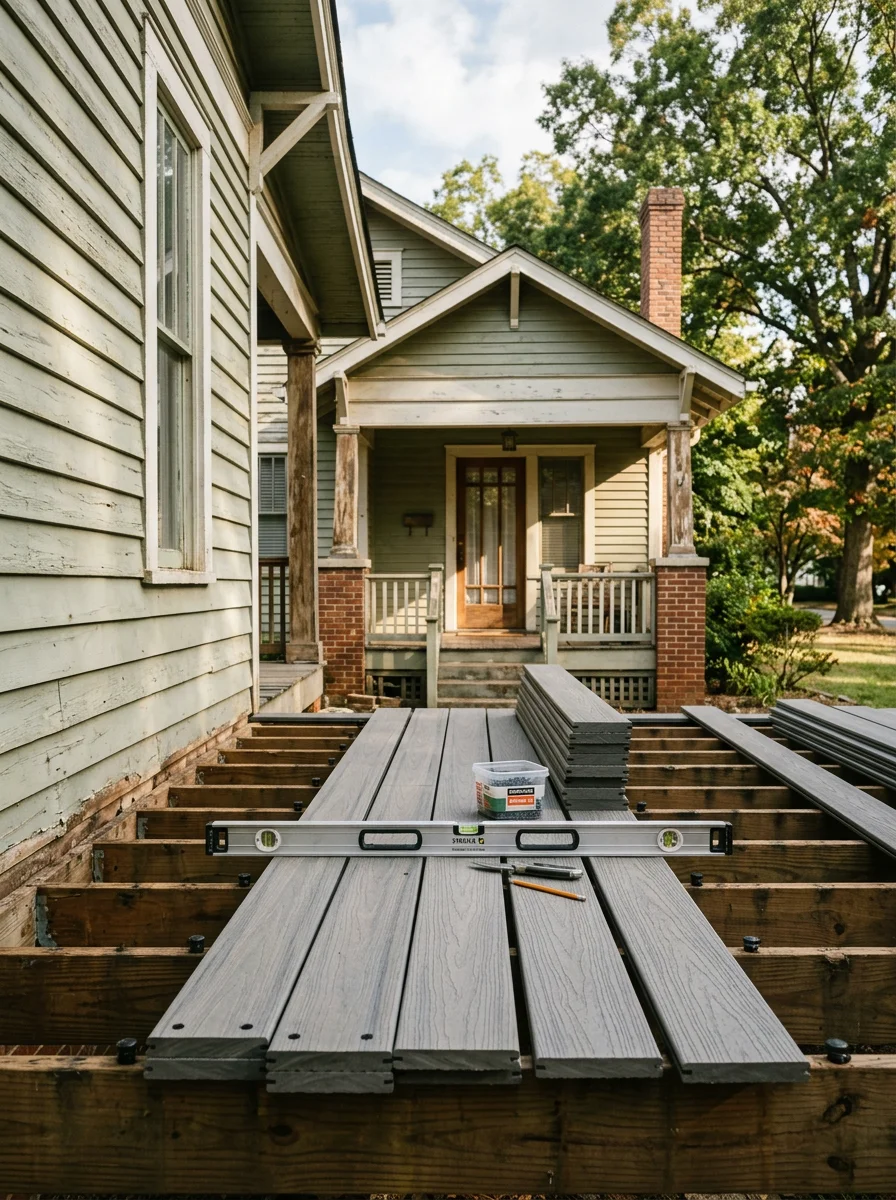 Deck repair in progress on a bungalow-era home in the Chicopee Village neighborhood of Gainesville, GA, showing new composite boards being installed over an existing frame.