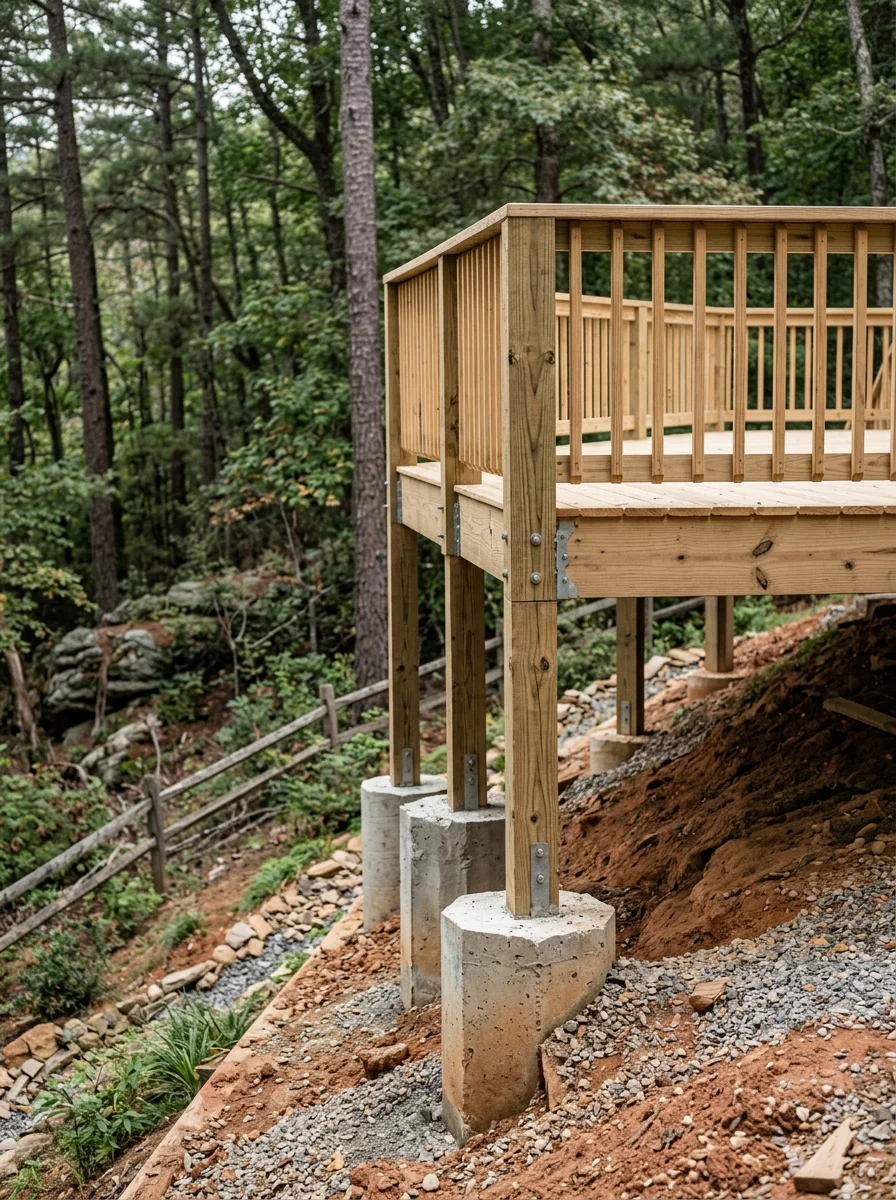 Elevated deck with reinforced posts on steep terrain, showing proper drainage and grading for mountain properties