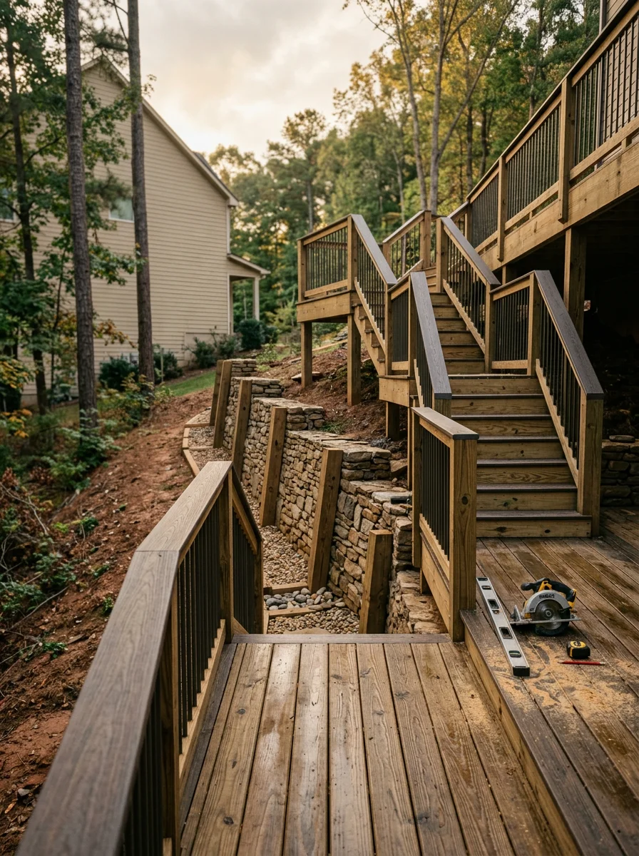 Multi-level pressure-treated deck on sloped Hall County lot with integrated drainage and retaining wall