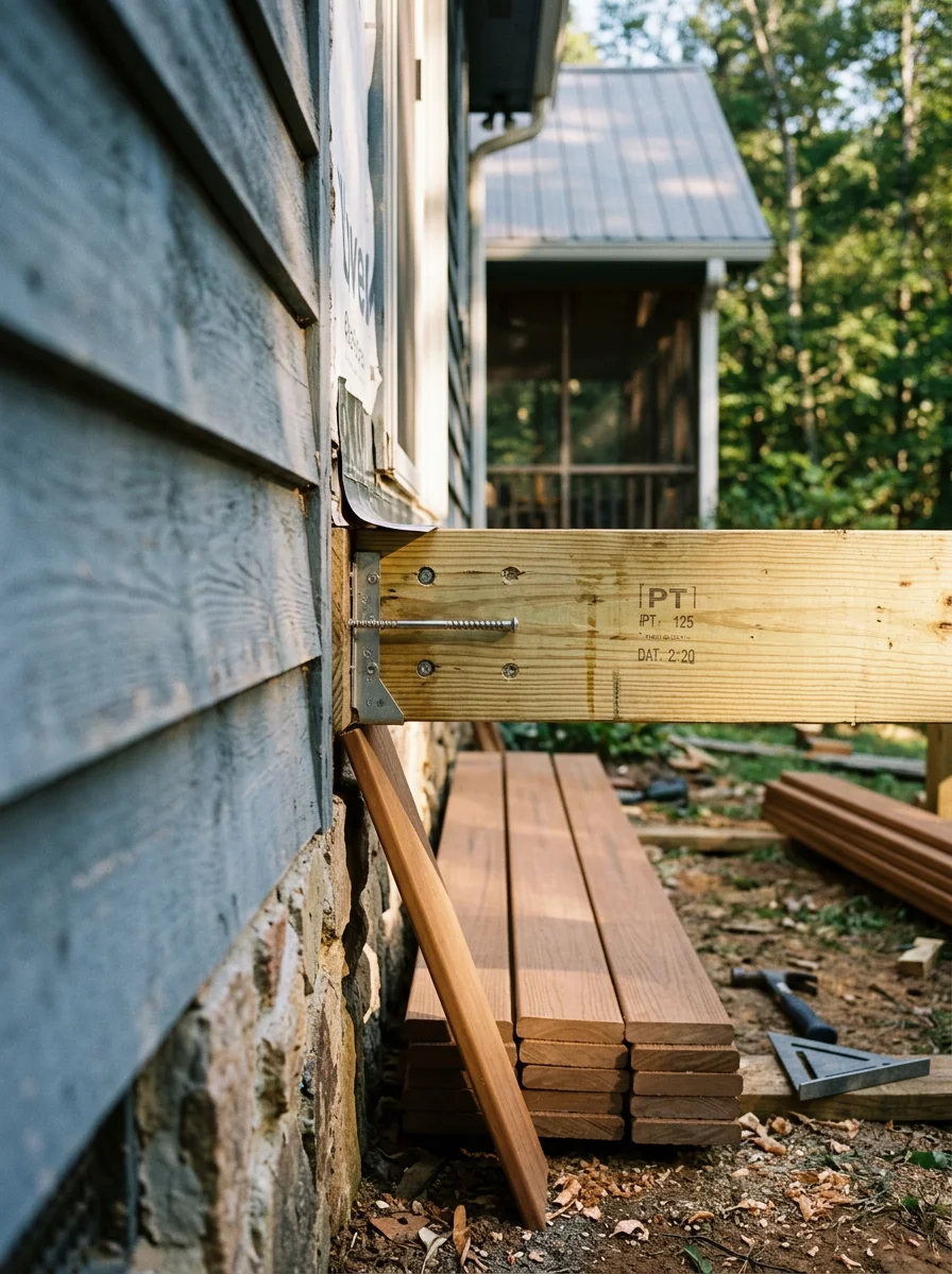 Close-up of a repaired deck ledger board connection and new composite boards on a White County rental home near Helen, GA.