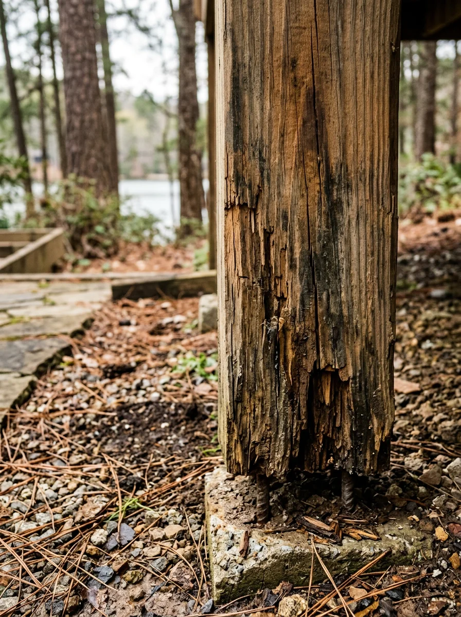 Deck post base inspection on a Lakemont, Georgia lake property showing freeze-thaw damage to pressure-treated wood at grade level.