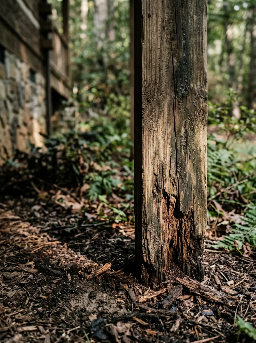 Structural deck inspection at the post base of a seasonal Sautee Nacoochee, GA property, showing wood rot at grade level before composite replacement.