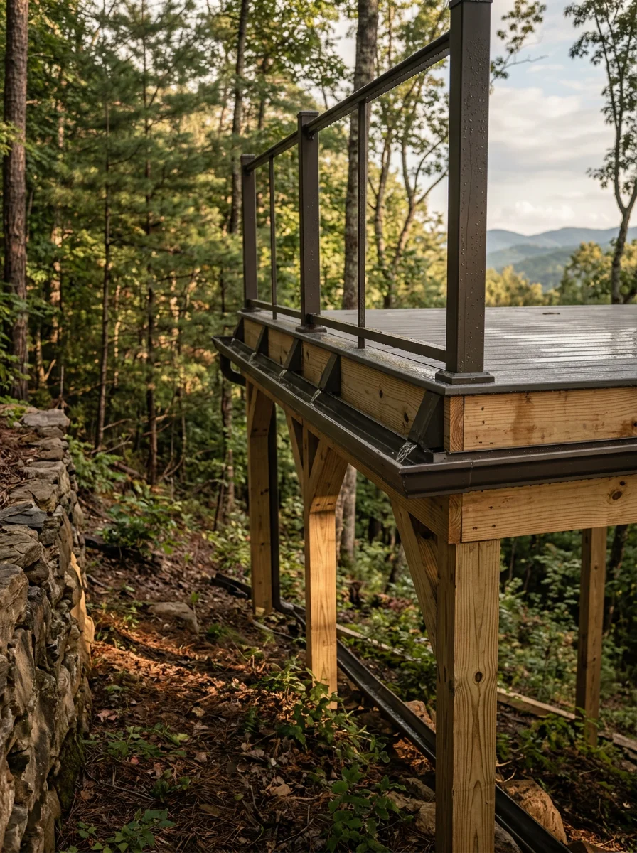 Elevated deck with under-deck drainage system on steep mountain terrain in White County