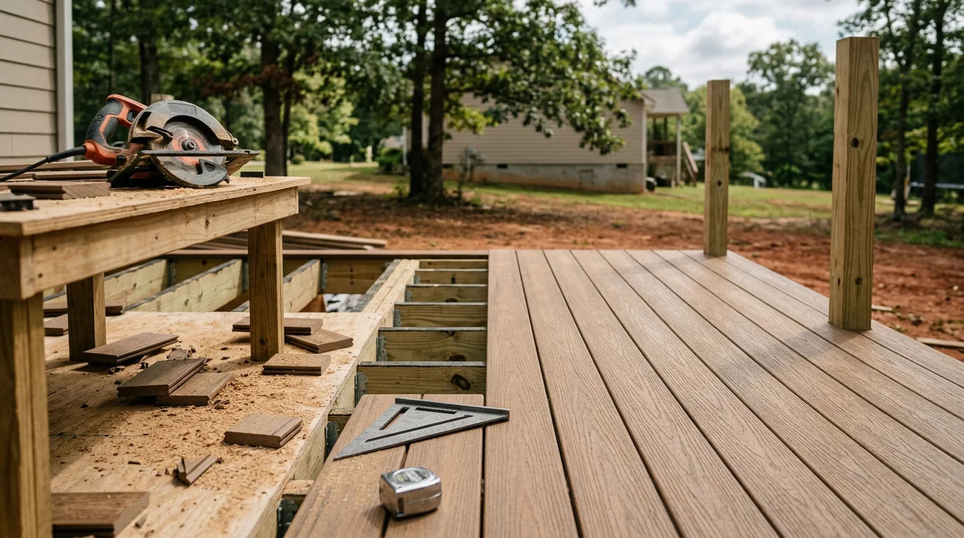 A finished composite deck installed on the back of a mountain home in Cleveland, GA, with clean board lines and a railing overlooking a wooded North Georgia hillside. The deck surface shows consistent color and texture with no visible warping or weathering.