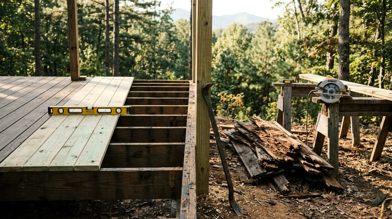 Freshly replaced deck boards on a wood deck at a North Georgia mountain home near Cleveland, GA. New boards sit flat and even alongside the existing deck frame on a residential property.