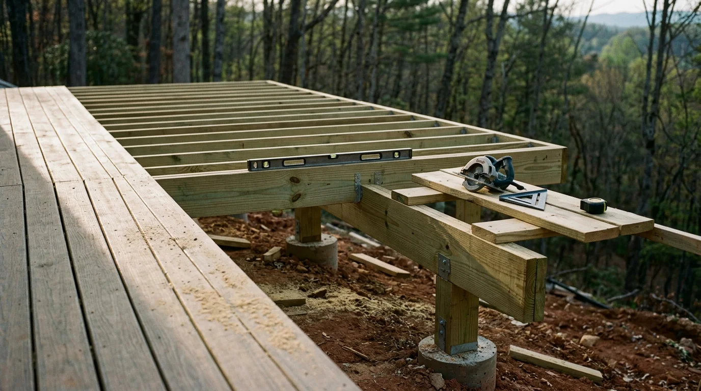 A newly built wood deck on a sloped residential lot in the North Georgia mountains near Cleveland, GA, with open railings and stairs leading down to a graded backyard. The surrounding tree line and mountain terrain are visible in the background.