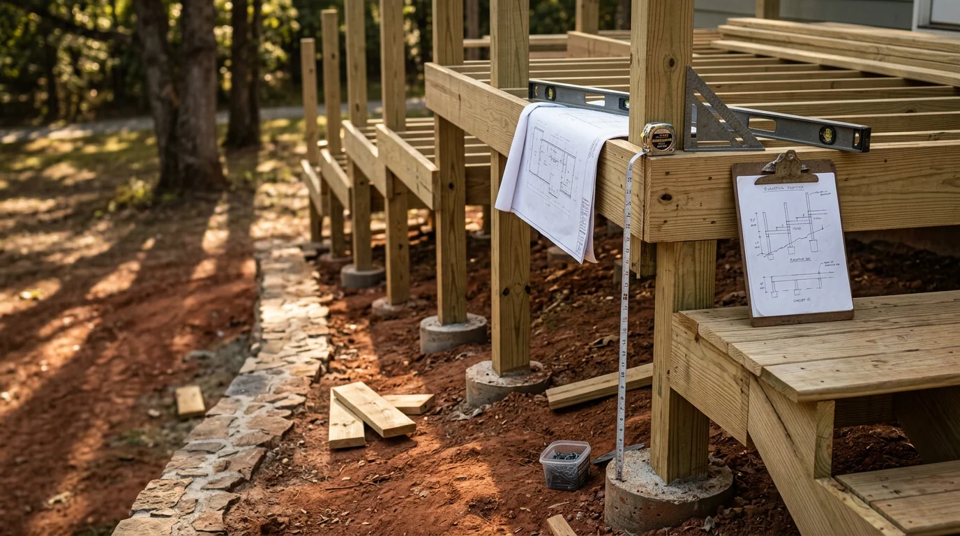 A deck design consultation in progress at a residential property in Cleveland, GA, with a contractor reviewing the sloped backyard terrain and outdoor layout with a homeowner. The surrounding North Georgia mountain landscape is visible in the background.