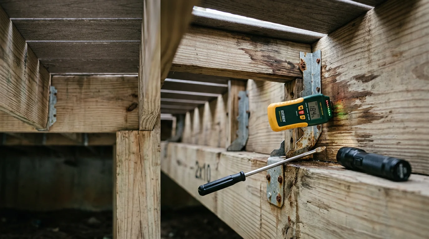 A deck contractor inspecting the underside framing of a wood deck in Cleveland, GA, checking joists and ledger board connections for rot and moisture damage in a wooded North Georgia backyard setting.