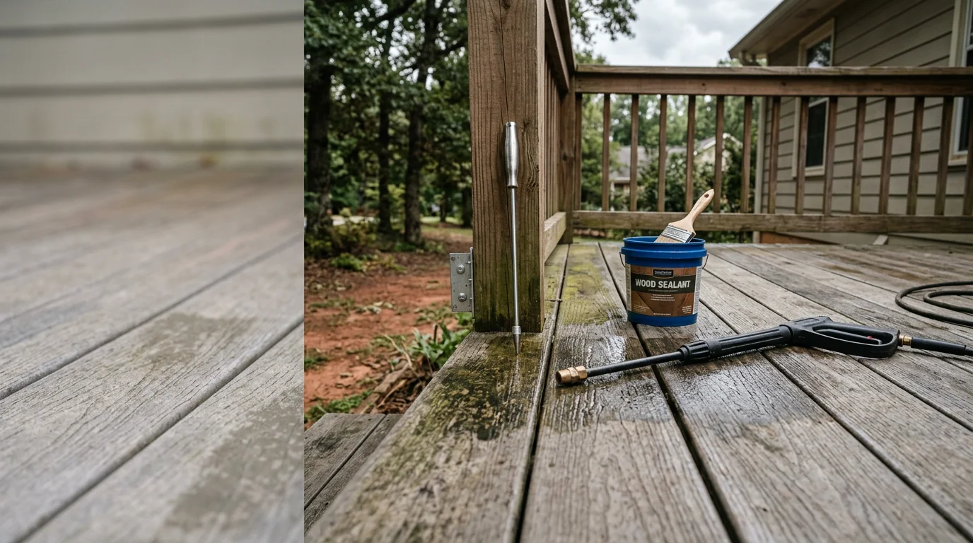 A wood deck on a North Georgia mountain home near Cleveland, GA after a maintenance visit, with clean boards, tight railing connections, and no visible mold or mildew buildup. The surrounding tree canopy reflects the humid, wooded conditions common across White County and the surrounding mountain communities.