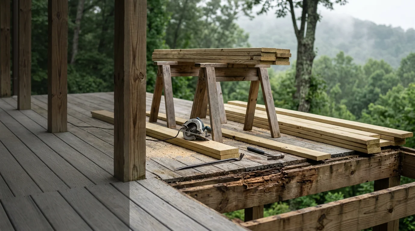 A repaired wood deck on a residential home in Cleveland, GA, with restored railings and structurally sound framing visible against a North Georgia mountain backdrop. Close-up view shows solid joists and secure post connections after professional deck repair work.