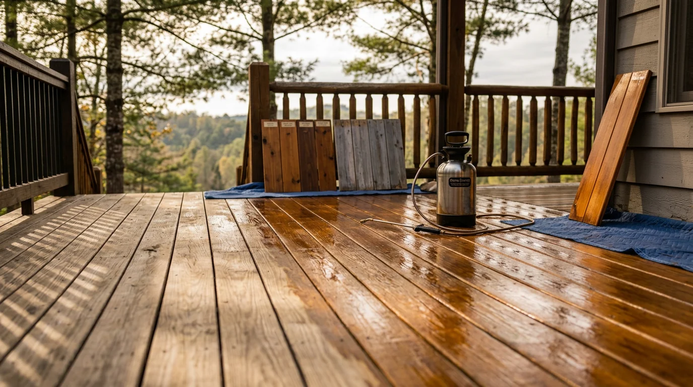 A freshly stained and sealed wood deck on a residential home in Cleveland, GA, with rich even color across the boards and a clean railing, surrounded by North Georgia mountain tree cover.