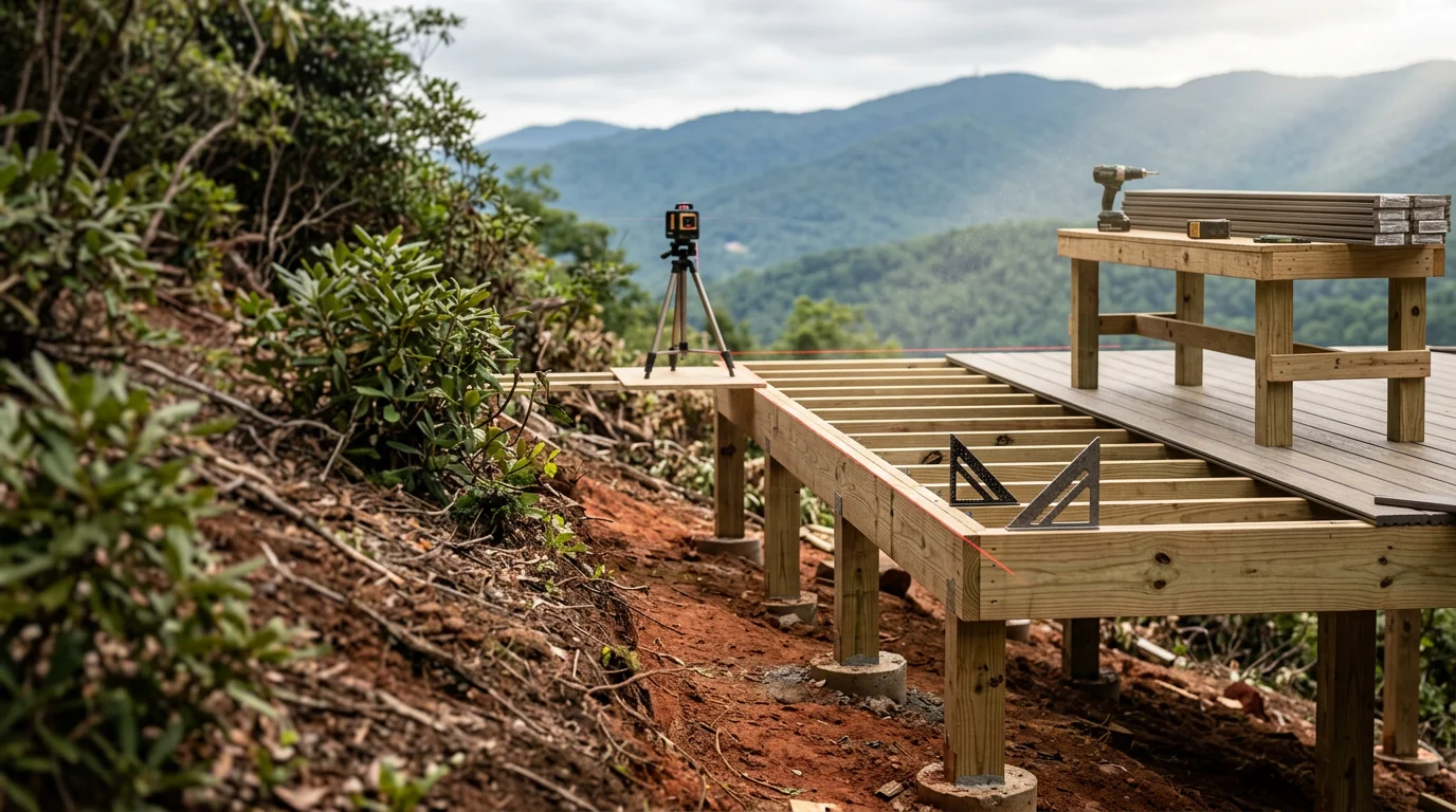 A finished luxury deck on a North Georgia mountain home in Cleveland, GA, featuring multi-level framing and detailed railing work set against a wooded hillside backdrop.