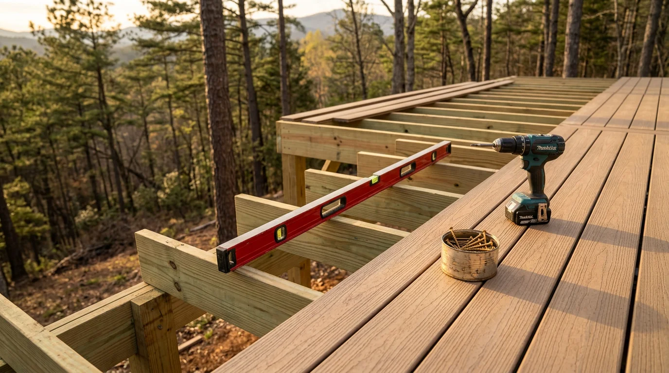 A renovated outdoor living space on a residential property in the North Georgia mountains near Cleveland, GA, showing a finished deck or patio area surrounded by wooded terrain. The structure reflects work suited to sloped mountain lots common across White County and the surrounding region.