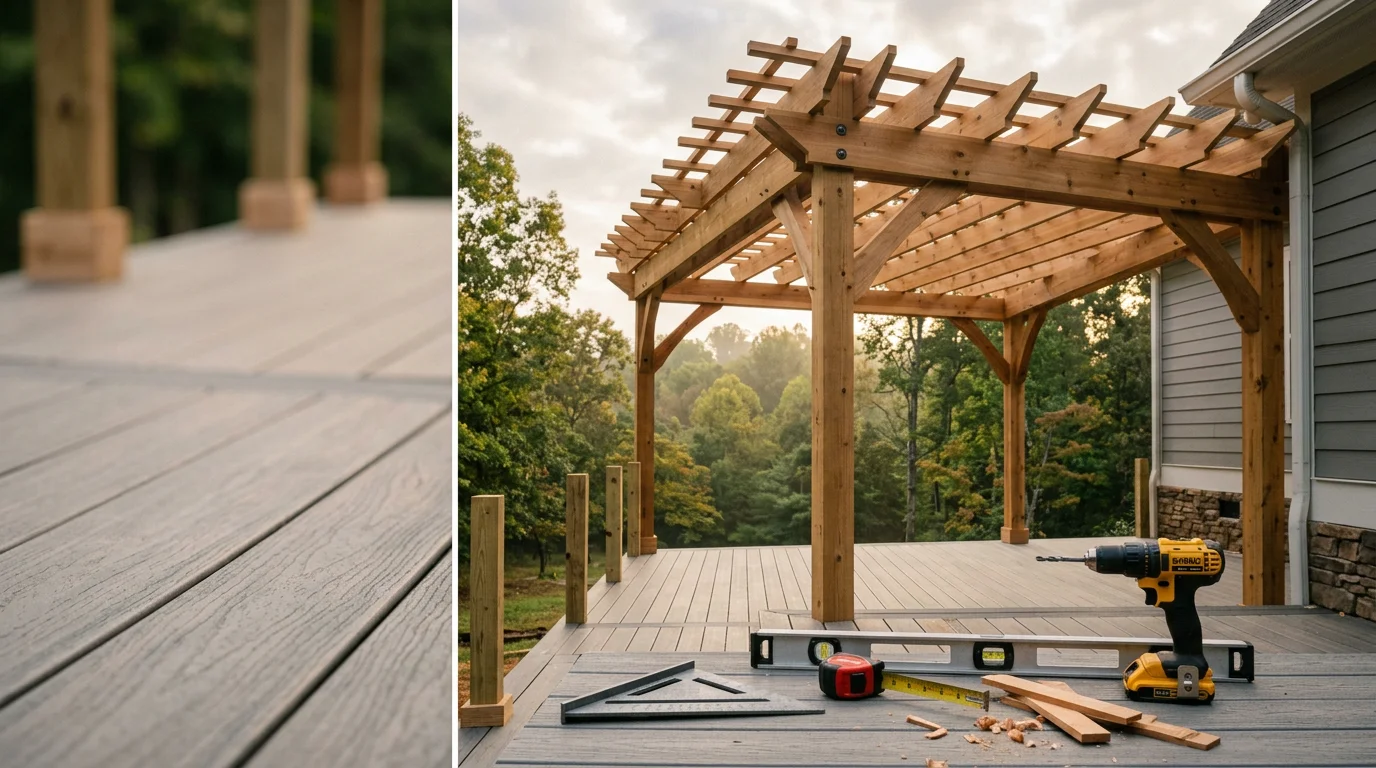 A custom wood pergola installed over a backyard deck in Cleveland, GA, with open roof beams casting filtered shade across the outdoor seating area. The surrounding north Georgia tree line is visible in the background.
