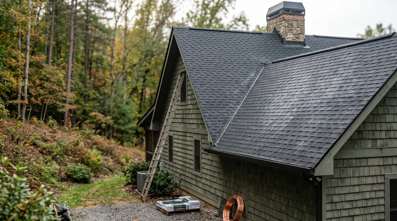 A completed residential roof installation on a single-family home in Cleveland, GA, showing clean ridge lines and properly seated shingles on a wooded North Georgia lot. The finished roof reflects the slope and tree coverage typical of White County properties.