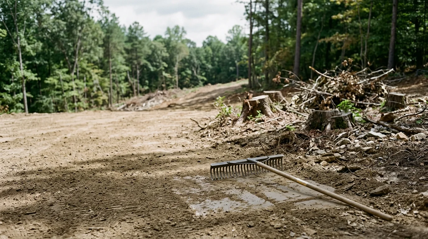 A freshly graded and cleared residential building pad on a sloped, wooded lot in the Cleveland, Georgia area, with surrounding North Georgia mountain terrain visible in the background. The compacted surface is level and free of stumps, brush, and debris, ready for construction.